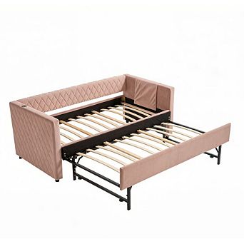 GOODSILO Velvet Diamond Grid Pull-Out Daybed with Trundle for Modern Living Spaces