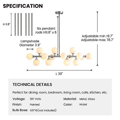 Moooni 16 Lights Modern Pendant Light Glass Globe Linear Chandelier Light Fixture for Kitchen Island