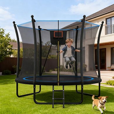 WOW PIONEER 8FT Outdoor Trampoline with Safety Enclosure Net and Ladder