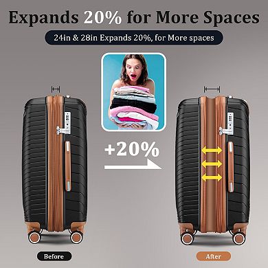 WOW PIONEER Expandable Lightweight Suitcase Set with 4 Double 360 Degrees Mute Spinner Wheels