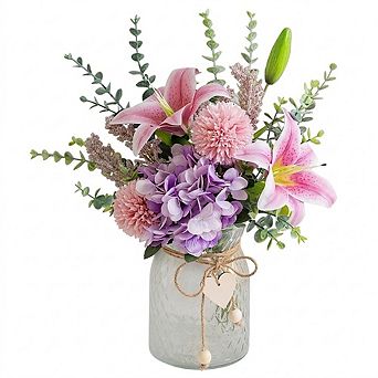 Faux Flowers with Vase, Silk Pink Lily and Purple Hydrangea Arrangement for Spring Home Table Decor