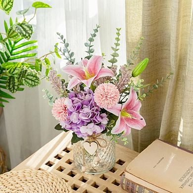 Faux Flowers with Vase, Silk Pink Lily and Purple Hydrangea Arrangement for Spring Home Table Decor