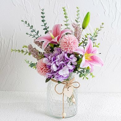 Faux Flowers with Vase, Silk Pink Lily and Purple Hydrangea Arrangement for Spring Home Table Decor