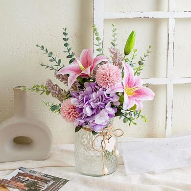 Faux Flowers with Vase, Silk Pink Lily and Purple Hydrangea Arrangement for Spring Home Table Decor