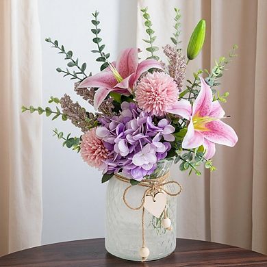 Faux Flowers with Vase, Silk Pink Lily and Purple Hydrangea Arrangement for Spring Home Table Decor