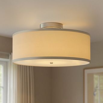 2-Light Brushed Semi Flush Mount Ceiling Fixture, 15.9" Linen Drum Style for Hallway Bedroom Easy