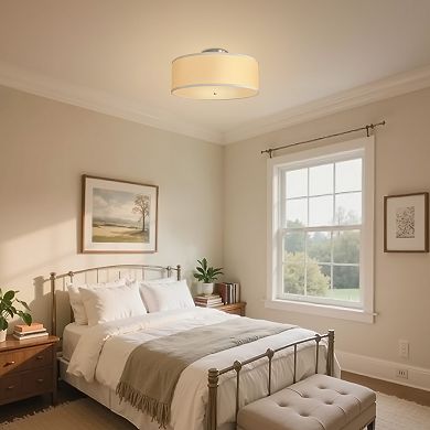 2-Light Brushed Semi Flush Mount Ceiling Fixture, 15.9" Linen Drum Style for Hallway Bedroom Easy