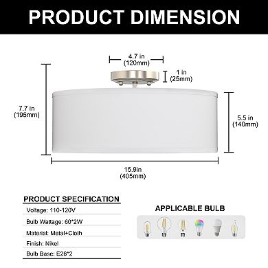 2-Light Brushed Semi Flush Mount Ceiling Fixture, 15.9" Linen Drum Style for Hallway Bedroom Easy