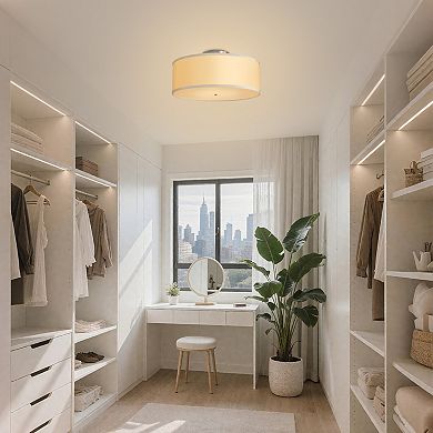 2-Light Brushed Semi Flush Mount Ceiling Fixture, 15.9" Linen Drum Style for Hallway Bedroom Easy