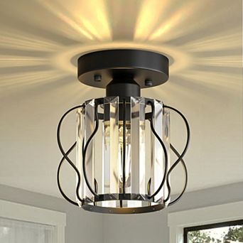 1-Light Semi Flush Mount Black Metal Ceiling Light, 8" with Crystal Drum Shade for Hall Living Room