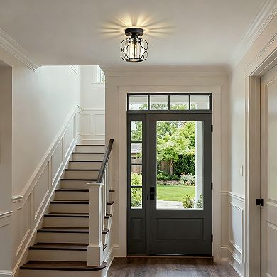 1-Light Semi Flush Mount Black Metal Ceiling Light, 8" with Crystal Drum Shade for Hall Living Room