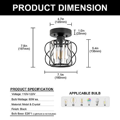 1-Light Semi Flush Mount Black Metal Ceiling Light, 8" with Crystal Drum Shade for Hall Living Room