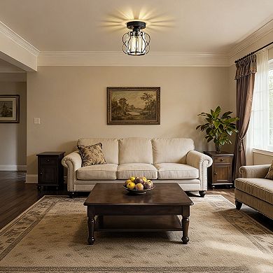 1-Light Semi Flush Mount Black Metal Ceiling Light, 8" with Crystal Drum Shade for Hall Living Room