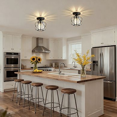 1-Light Semi Flush Mount Black Metal Ceiling Light, 8" with Crystal Drum Shade for Hall Living Room