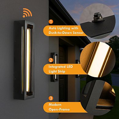 Modern Outdoor Wall Light with Dusk to Dawn Sensor Linear Matte Black 30W Integrated LED Wall Sconce