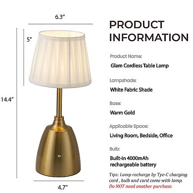 14'' Vintage Fabric Shade Rechargeable LED Table Lamp Touch Control Cordless USB Nightstand Lamp