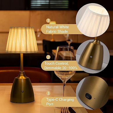 14'' Vintage Fabric Shade Rechargeable LED Table Lamp Touch Control Cordless USB Nightstand Lamp