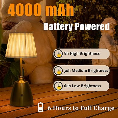 14'' Vintage Fabric Shade Rechargeable LED Table Lamp Touch Control Cordless USB Nightstand Lamp