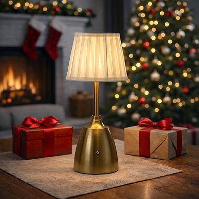 14'' Vintage Fabric Shade Rechargeable LED Table Lamp Touch Control Cordless USB Nightstand Lamp