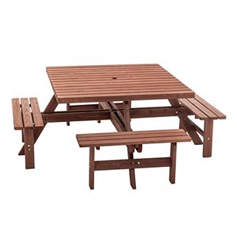 WOW PIONEER 8-Person Square Outdoor Picnic Table with Built-In Benches and Umbrella Hole
