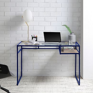 GOODSILO Modern Glass Top Writing Desk with Storage Shelf