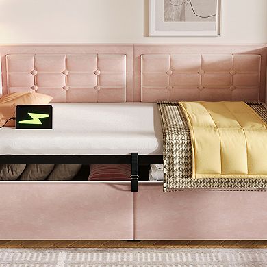 GOODSILO Upholstered Twin Daybed with Hydraulic Storage and Charging Station