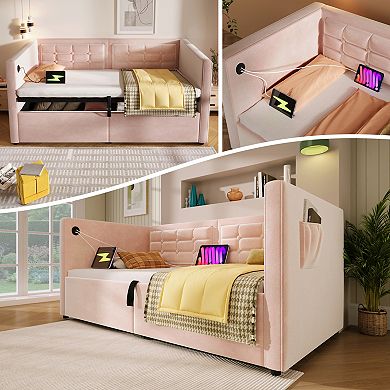GOODSILO Upholstered Twin Daybed with Hydraulic Storage and Charging Station