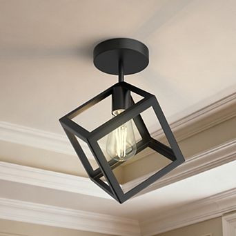 1-Light Modern Geometric Semi Flush Mount Ceiling Light, 13.4" Black Metal Cube Fixture for Bedroom