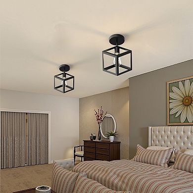 1-Light Modern Geometric Semi Flush Mount Ceiling Light, 13.4" Black Metal Cube Fixture for Bedroom