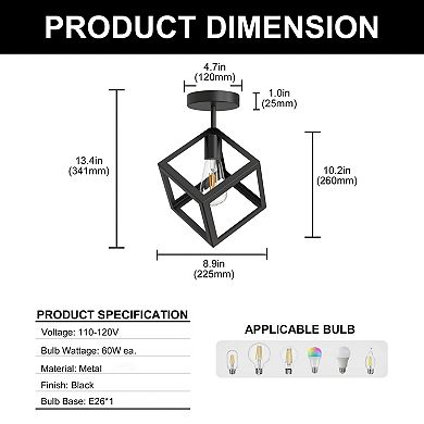 1-Light Modern Geometric Semi Flush Mount Ceiling Light, 13.4" Black Metal Cube Fixture for Bedroom