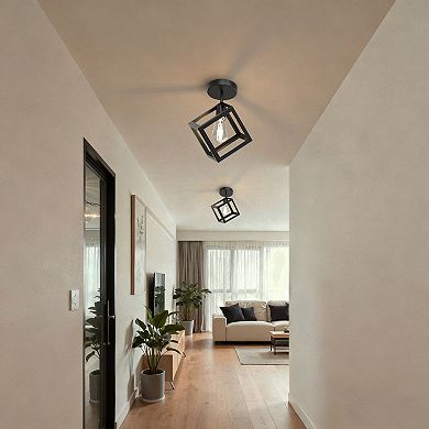 1-Light Modern Geometric Semi Flush Mount Ceiling Light, 13.4" Black Metal Cube Fixture for Bedroom