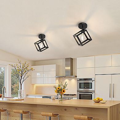 1-Light Modern Geometric Semi Flush Mount Ceiling Light, 13.4" Black Metal Cube Fixture for Bedroom