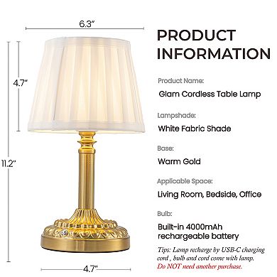 11'' Glam Cordless Table Lamp Touch Control with 3 Way Classic Elegant Dimmable Rechargeable LED