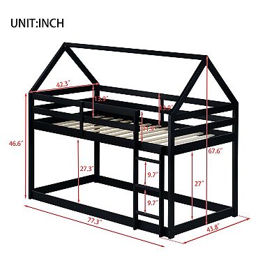 GOODSILO House-Shaped Twin Over Twin Low Profile Floor Bunk Bed with Guardrails