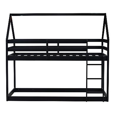 GOODSILO House-Shaped Twin Over Twin Low Profile Floor Bunk Bed with Guardrails