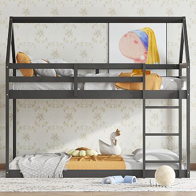 GOODSILO House-Shaped Twin Over Twin Low Profile Floor Bunk Bed with Guardrails