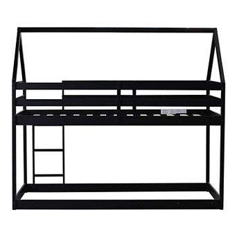 GOODSILO House-Shaped Twin Over Twin Low Profile Floor Bunk Bed with Guardrails