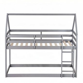 GOODSILO House-Shaped Twin Over Twin Low Profile Floor Bunk Bed with Guardrails