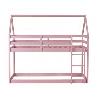 GOODSILO House-Shaped Twin Over Twin Low Profile Floor Bunk Bed with Guardrails