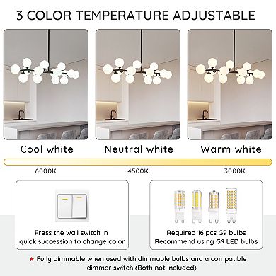 Moooni 16-Light Mid Century Glass Chandelier 39" Modern Black Linear Pendant Fixture No Bulb