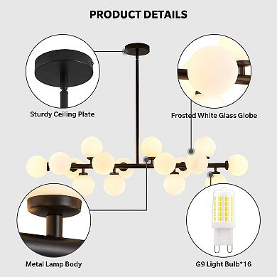 Moooni 16-Light Mid Century Glass Chandelier 39" Modern Black Linear Pendant Fixture No Bulb