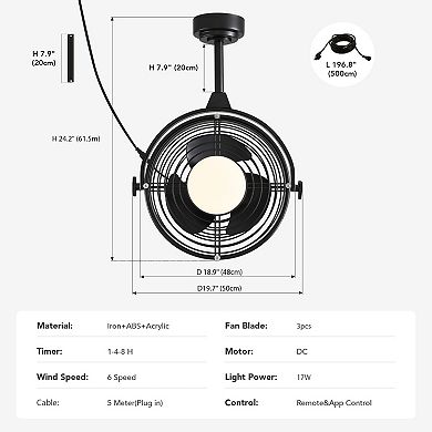 Moooni 20" Outdoor Plug-In Ceiling Fan with Lights Dimmable Caged Fandelier Remote & App Control