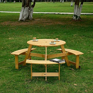 WOW PIONEER Outdoor Round Picnic Table with Built-in Benches and Umbrella Hole