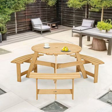 WOW PIONEER Outdoor Round Picnic Table with Built-in Benches and Umbrella Hole