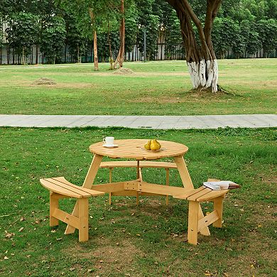 WOW PIONEER Outdoor Round Picnic Table with Built-in Benches and Umbrella Hole