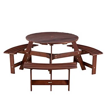 WOW PIONEER Outdoor Round Picnic Table with Built-in Benches and Umbrella Hole