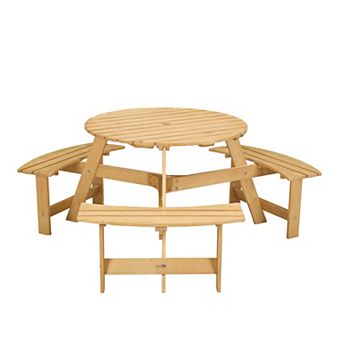 WOW PIONEER Outdoor Round Picnic Table with Built-in Benches and Umbrella Hole