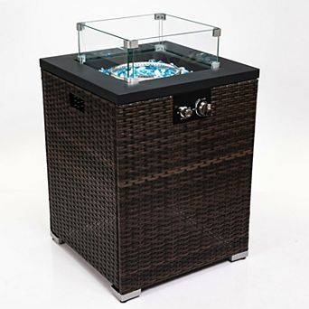 WOW PIONEER Square Outdoor Propane Fire Pit Table With Glass Windshield And Wicker Base