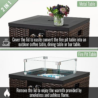 WOW PIONEER Square Outdoor Propane Fire Pit Table With Glass Windshield And Wicker Base