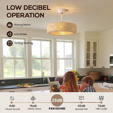 Moooni 20" Rattan Boho Caged Ceiling Fan with Lights Remote Control Low Profile Fandelier No Bulbs